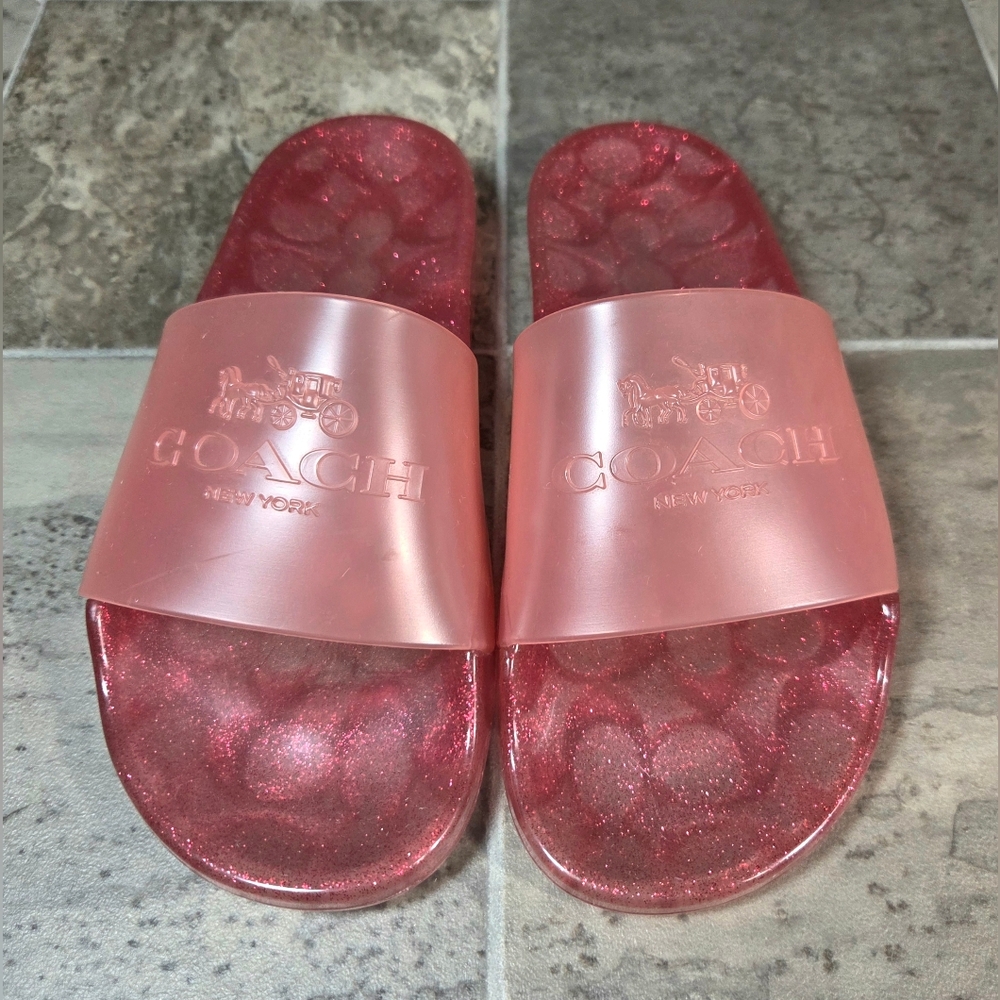COACH ULYSSA JELLY PINK GLITTER SLIDES SANDALS.